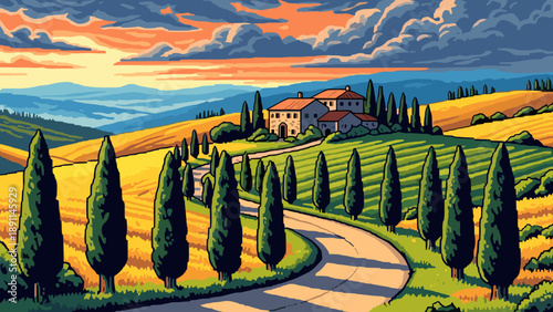 Pixel Art Tuscany countryside with cypress trees and villa at sunset in vibrant pixel art style