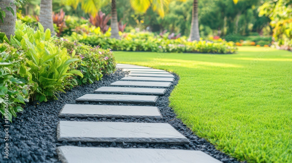 Fototapeta premium Garden Pathway to Serenity: A winding stone pathway, flanked by lush green grass, vibrant plants, and tropical foliage, invites you on a tranquil journey through a beautifully maintained garden.