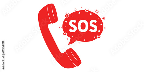 Red telephone with sos speech bubble isolated on white background