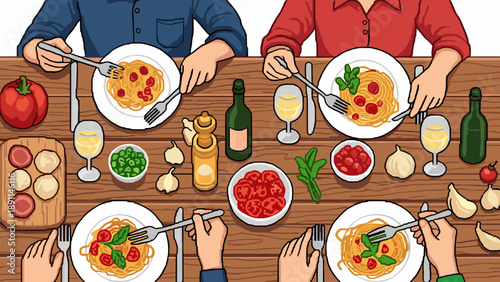 Pixel Art Cozy family dinner with delicious spaghetti and wine in pixel art style