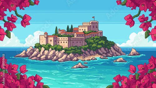 Pixel art island castle surrounded by ocean and flowers