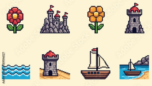 Pixel Art Retro pixel art icons: castles, flowers, and boats for games