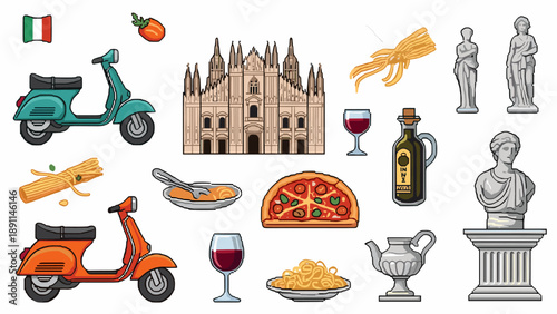 Pixel Art Iconic italian symbols: pasta, pizza, and landmarks with retro style