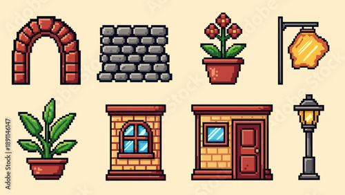 Pixel Art Charming retro pixel art architecture with plants and street elements