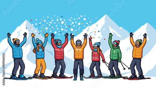 Pixel Art Celebratory group of skiers in vibrant pixel art in snowy mountain landscape