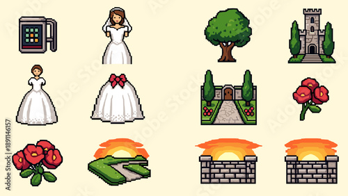 Pixel Art Retro wedding and nature icons in pixel art style for creative projects