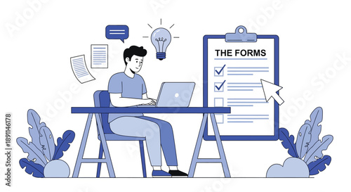 Illustration of a person using a laptop at a desk, surrounded by floating documents and a light bulb. A checklist labeled "The Forms" is on a clipboard.