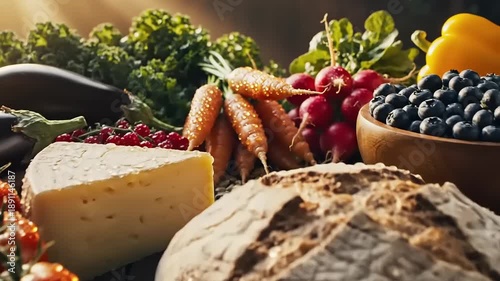 Fresh vegetables and bread assortment on wooden table culinary composition