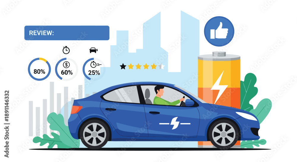 Naklejka premium Illustration of a blue electric car with a driver beside a large battery icon. Review symbols show 80%, 60%, and 25% with one and a half stars. Cityscape background.