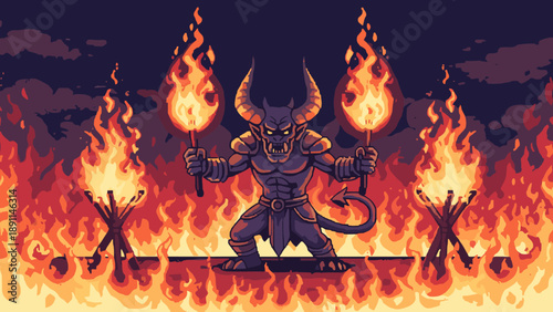 Pixel Art Fiery demon in pixel art style with torches and flames