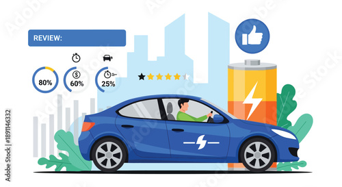 Illustration of a blue electric car with a driver beside a large battery icon. Review symbols show 80%, 60%, and 25% with one and a half stars. Cityscape background.
