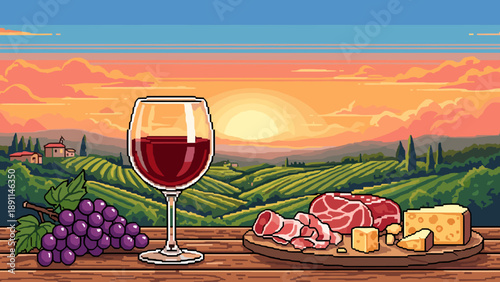 Pixel art wine tasting with vineyard sunset, grapes, and cheese