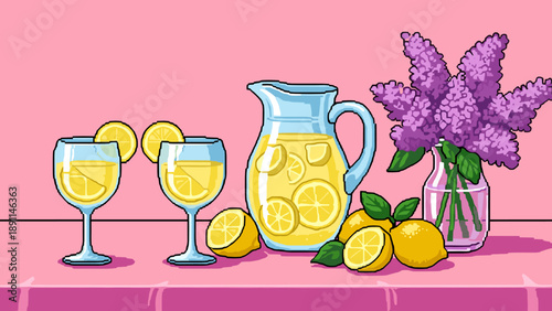 Pixel Art Retro pixel art lemonade with lilacs and lemons on pink background