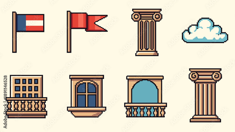 Naklejka premium Pixel Art Retro pixel art icons of architectural elements and flags