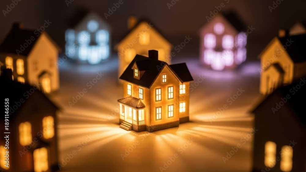 Fototapeta premium Illuminated Houses Display: A captivating display features miniature houses aglow with warm interior lights. Creating a sense of intimacy and a whimsical atmosphere, showcasing the essence of home.