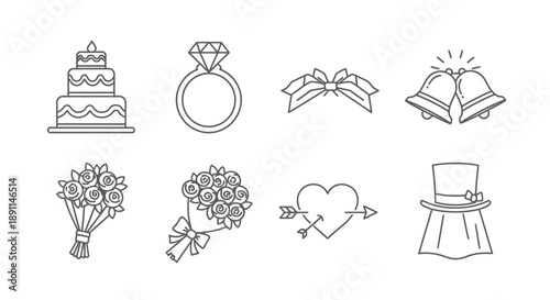 Wedding symbols set cake ring bow bells bouquet heart hat vector