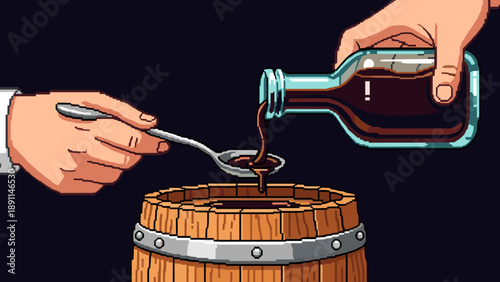 Pixel Art Pixel art: pouring liquid from a bottle into a spoon over wooden barrel