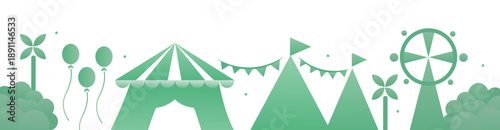 Flat vector illustration of a carnival with circus tents and a ferris wheel in minimalist green style.