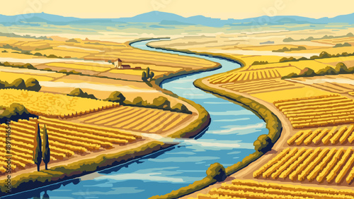 Pixel Art Aerial view of vibrant countryside with winding river and fields in pixel art style
