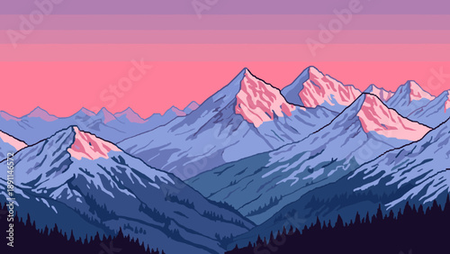 Pixel Art Retro pixel art mountain landscape with snowy peaks at sunset