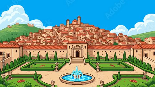 Pixel Art Charming pixel art mediterranean town with fountain and gardens