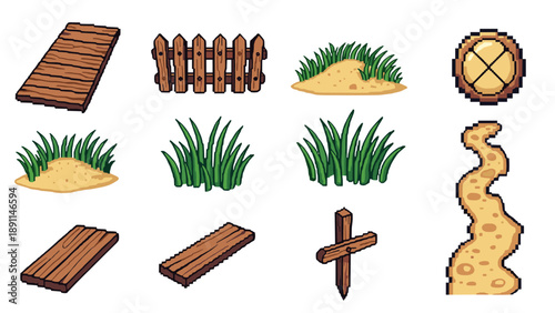 Pixel art garden elements: fence, grass, path, and wood objects