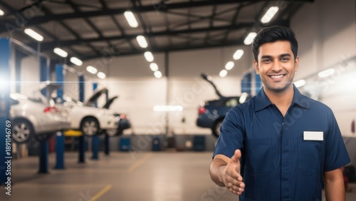 Wallpaper Mural Mechanic in a Car Workshop: A skilled mechanic extends a welcoming hand, with a warm smile, conveying trust and reliability within a modern automotive repair shop. Torontodigital.ca