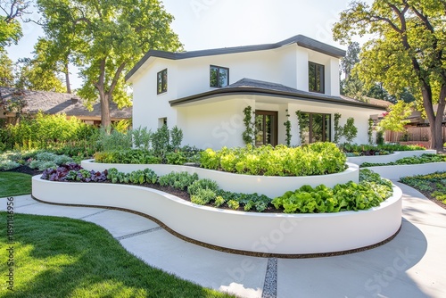 Serene Modern Home Exterior: A contemporary, stylish home in a well-maintained neighborhood with manicured landscaping and clear skies, radiating a sense of modern elegance and upscale living.