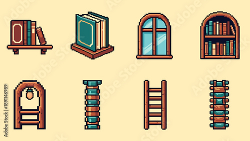 Pixel Art Retro pixel art furniture and books with shelves and ladders on beige background