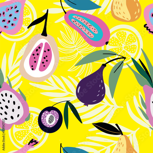 Seamless tropical pattern with exotic friuts. vector background. Perfect for wallpapers, pattern fills, web page backgrounds, surface textures, textile