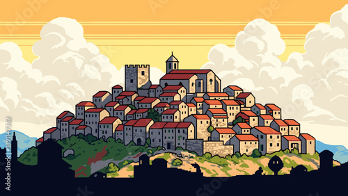 Pixel Art Charming pixel art medieval townscape with sunset and rolling hills