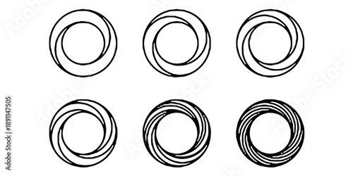 Abstract circular shapes with swirling lines symbolizing energy movement and complexity in a minimalist design suitable for backgrounds and decorative elements