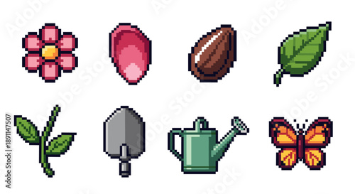 Pixel art garden elements: flowers, leaves, tools, and butterfly