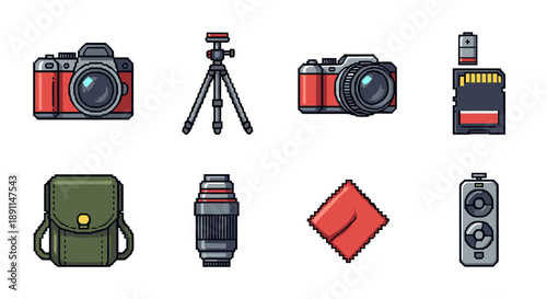Pixel art camera equipment set: retro style icons for photography enthusiasts