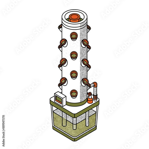 Hydroponic tower vector illustration with an integrated reservoir and nutrient delivery system, perfect for vertical farming and sustainable agriculture concepts