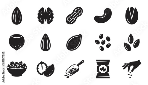 Assortment of vector icons featuring various nuts and seeds, including almonds, walnuts, peanuts, cashews, pistachios, and more, for healthy snack and ingredient themes.