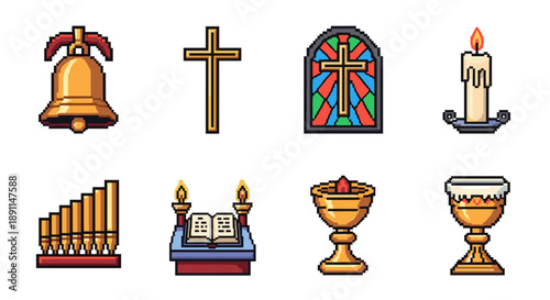 Pixel art church icons: cross, bell, stained glass, and more for religious designs