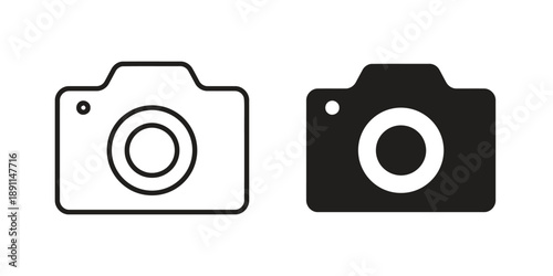 Camera icon in outline and solid styles representing photography equipment and shooting concept simple vector graphic element for design