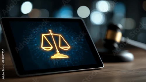 Digital justice scale icon on tablet with gavel
