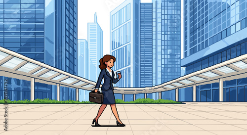 Pixel Art Businesswoman walking in modern urban landscape with skyscrapers in background