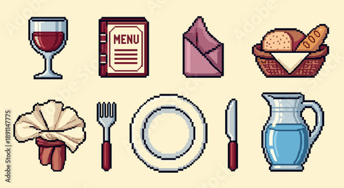 Pixel art dining set: retro food, drink, and tableware elements