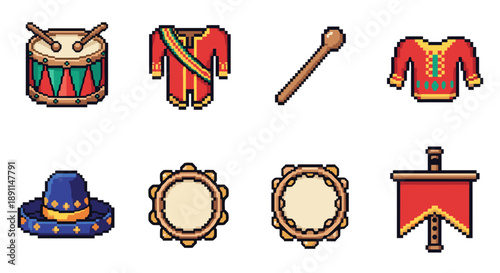 Pixel art parade elements with instruments and uniforms