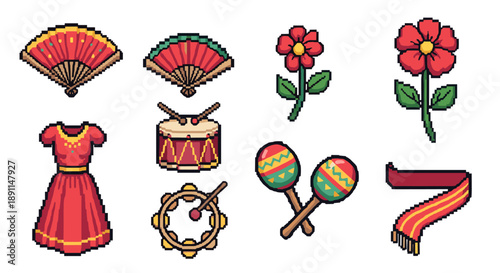 Pixel Art Festive pixel art: traditional mexican elements featuring fans, flowers, and instruments