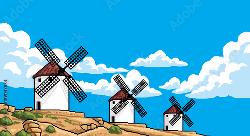 Pixel Art Vintage pixel art windmills on a sunny day with clear blue sky and clouds