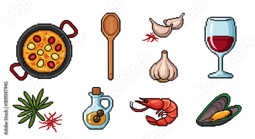 Pixel art mediterranean cuisine icons: paella, seafood, and wine