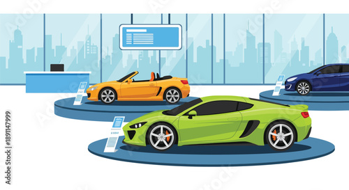 Illustration of a car showroom with three cars on display platforms: a green sports car, an orange convertible, and a blue sedan. Modern cityscape visible through large windows.