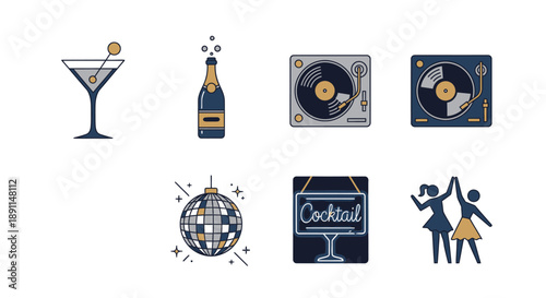 Party icons champagne cocktails turntables disco ball dancing silhouette