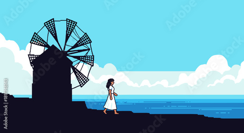 Pixel Art Retro pixel art: woman walking by seaside windmill under clear blue sky