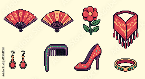 Pixel Art Vintage spanish style accessories in retro pixel art design