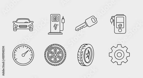 Automotive icons set car key charging station speedometer tire gear